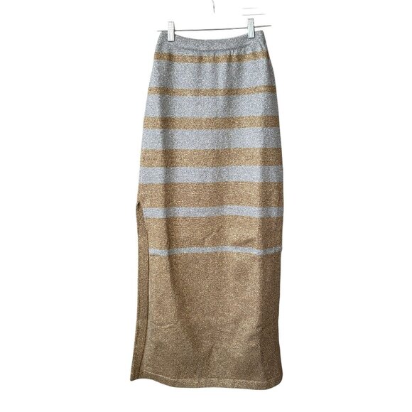 Paco Rabanne Gold Silver Stripe Metallic Knit Maxi Skirt Side Slit Glam Resort - Picture 2 of 14
